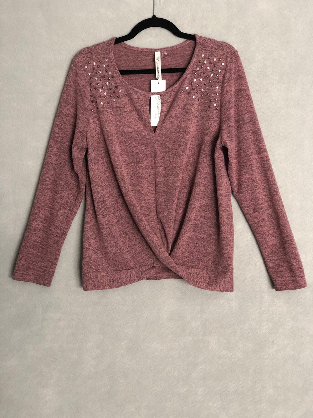 NY Collection Long Sleeve Studded Keyhole Top Mauve Women's Size PL NEW